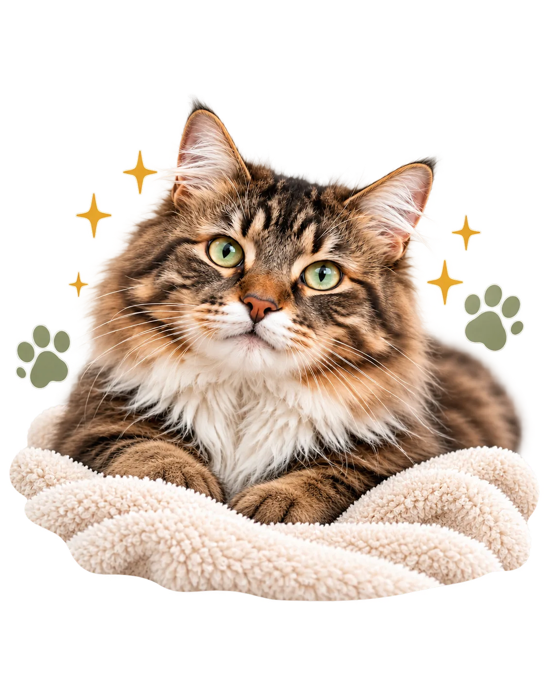 A fluffy tabby cat relaxing on a soft blanket