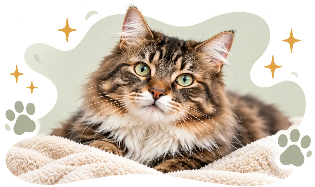 A fluffy tabby cat resting on a cream blanket