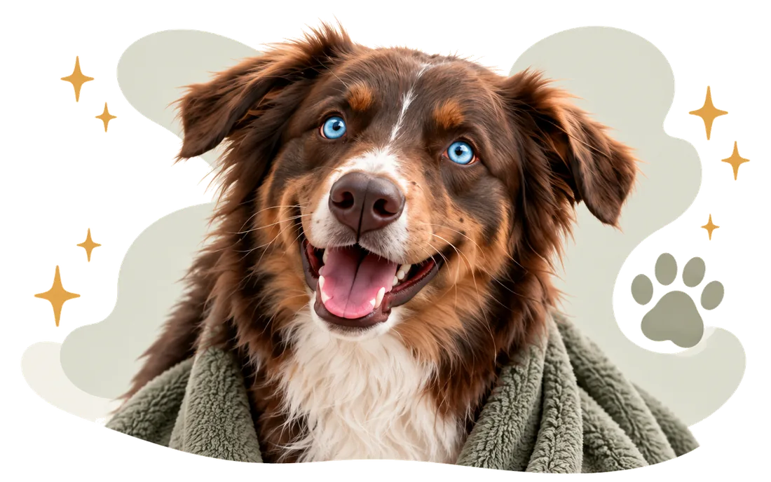 A happy, freshly bathed dog wrapped in a soft green towel