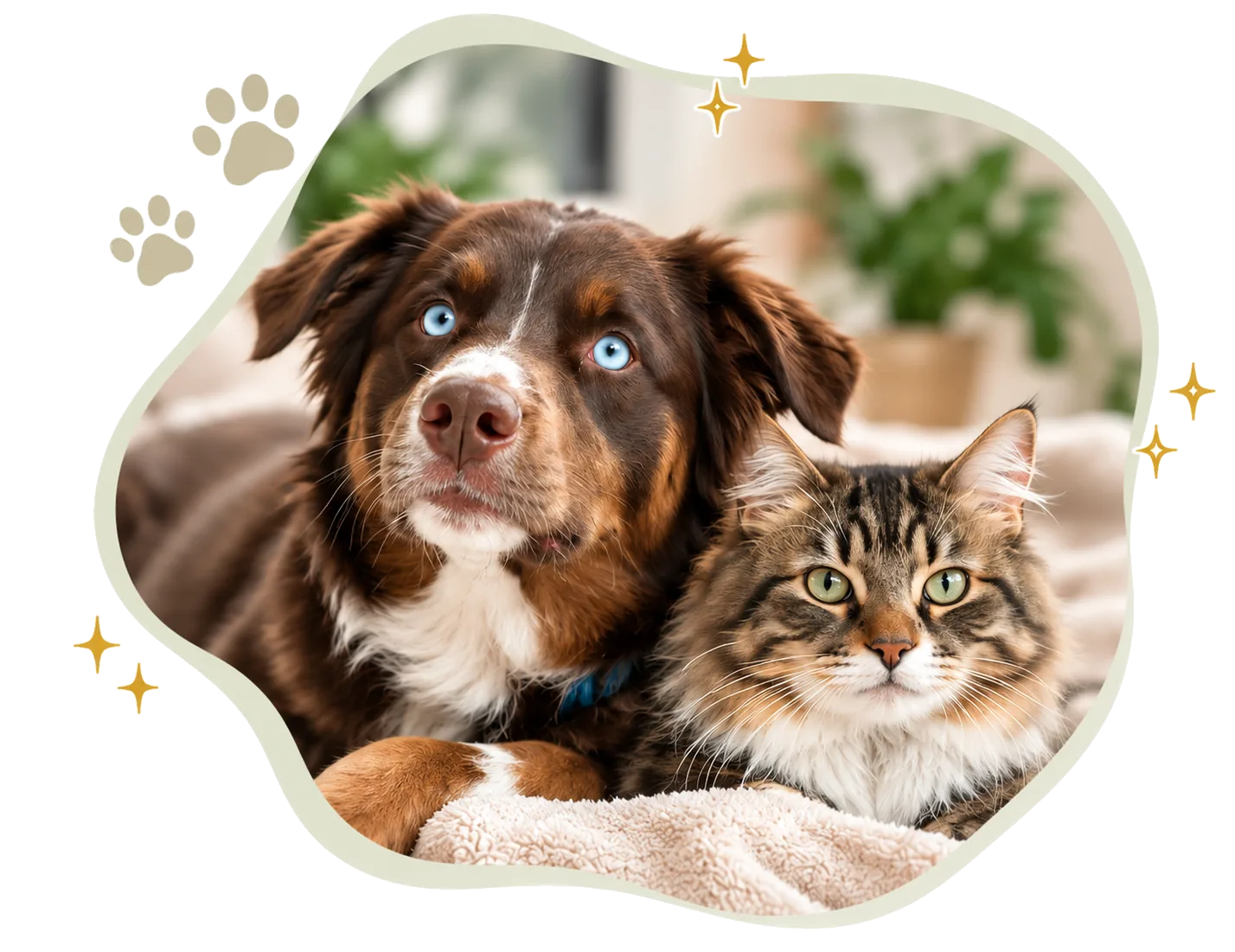 A blue-eyed brown and white dog and a fluffy tabby cat cuddled up on a soft blanket