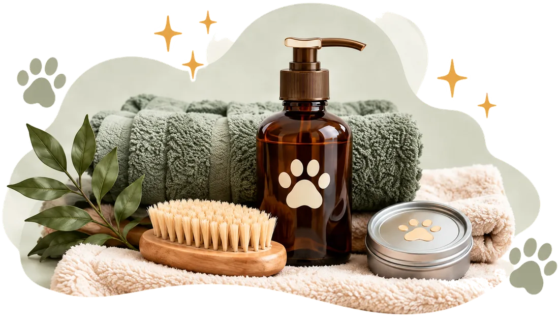 Shampoo, a wooden brush and paw balm set out on folded towels