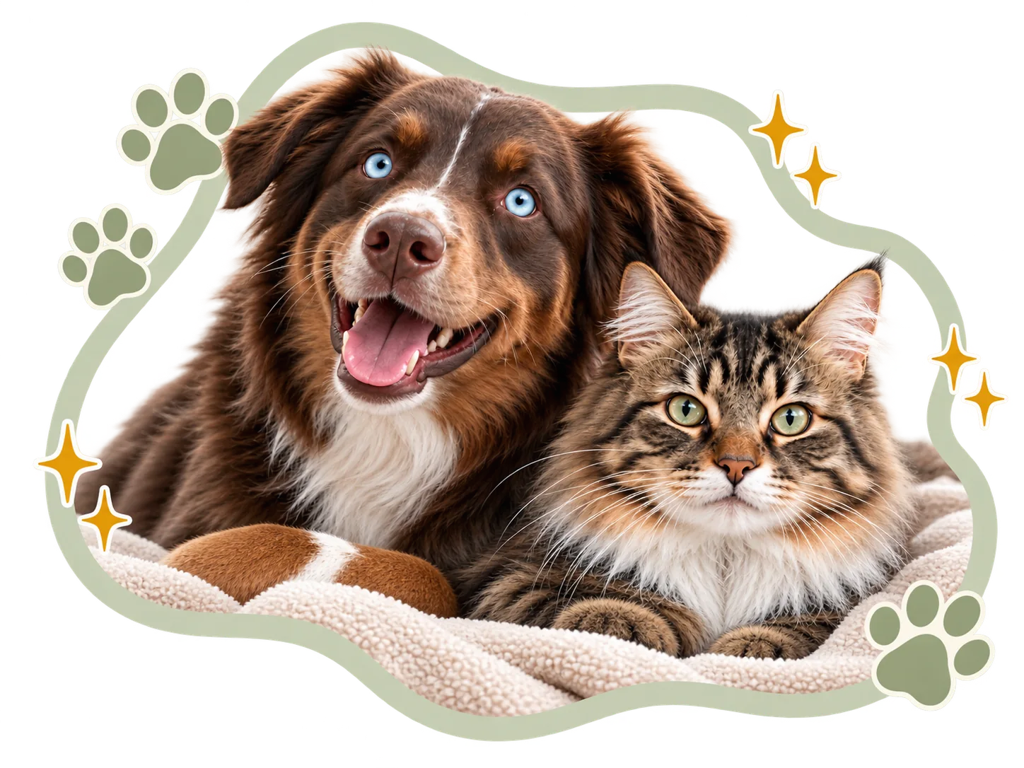 A smiling brown and white dog lying next to a tabby cat on a cozy blanket